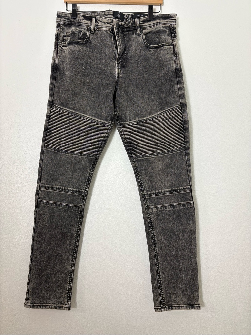 Men's Black Acid-Wash Moto Jeans
